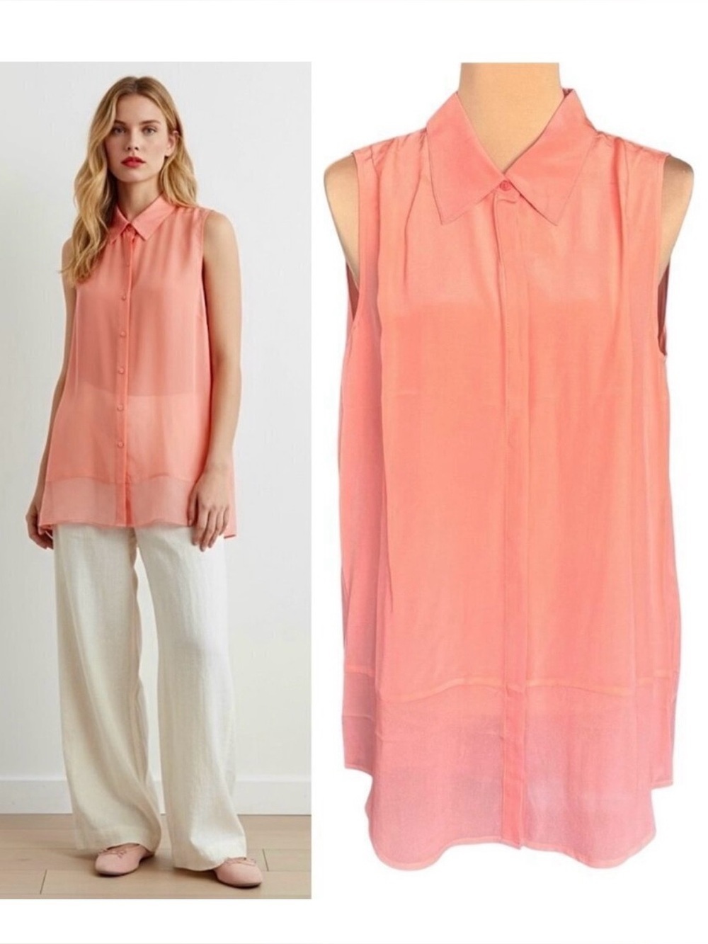 NWT Gold Hawk 100% Sleeveless Silk Tunic Top Sz M Peach Lagenlook Career Coastal